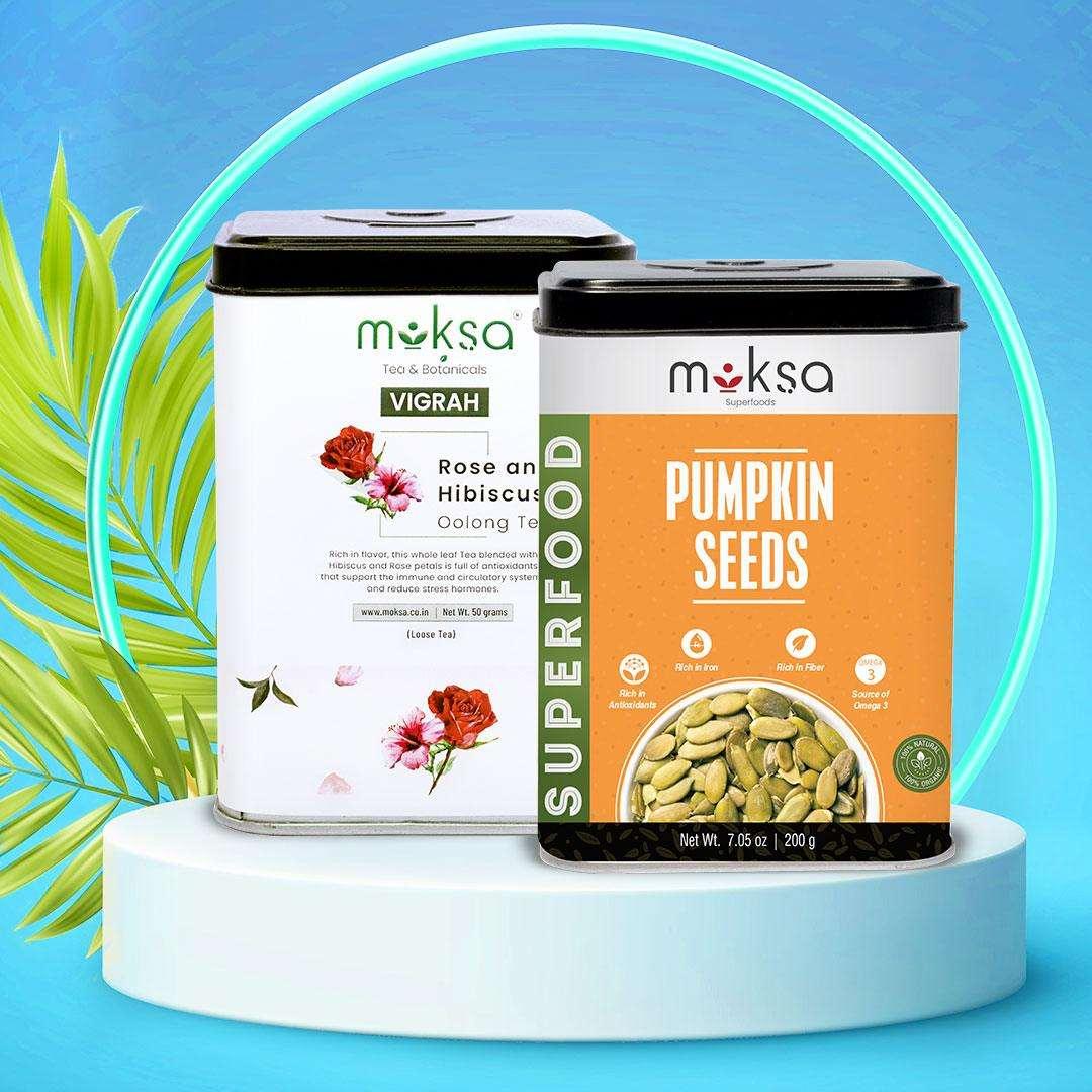 Glow Skin Combo - Rose and Hibiscus Oolong Tea(50gm) and Pumpkin Seeds(200gm) - MoksaExpectMiracles