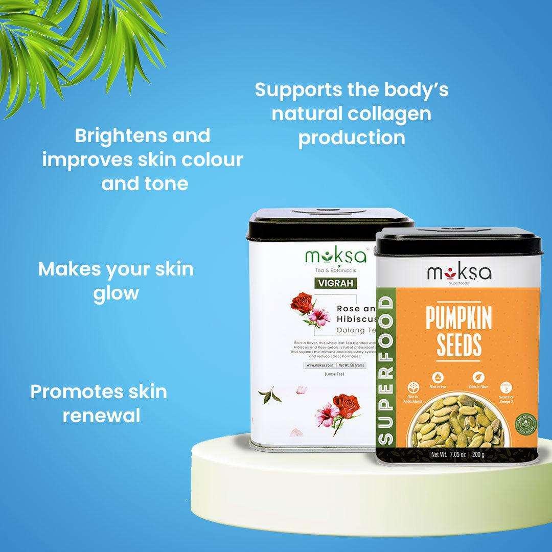 Glow Skin Combo - Rose and Hibiscus Oolong Tea(50gm) and Pumpkin Seeds(200gm) - MoksaExpectMiracles